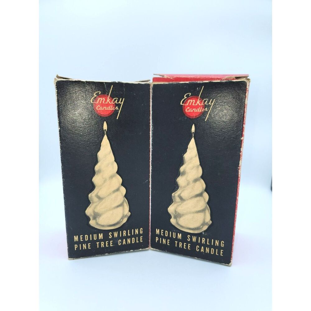 Vintage EMKAY Candles Medium Swirling Pine Trees White No 140 w Glitter Garland